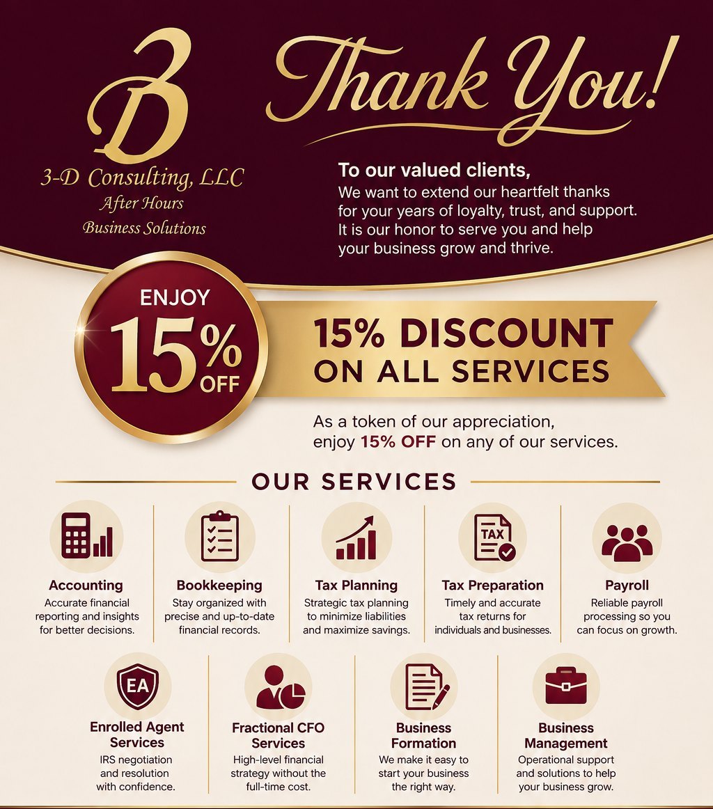 3-D Consulting, LLC client services flyer listing accounting, bookkeeping, tax, payroll, enrolled agent, fractional CFO, business formation and business management